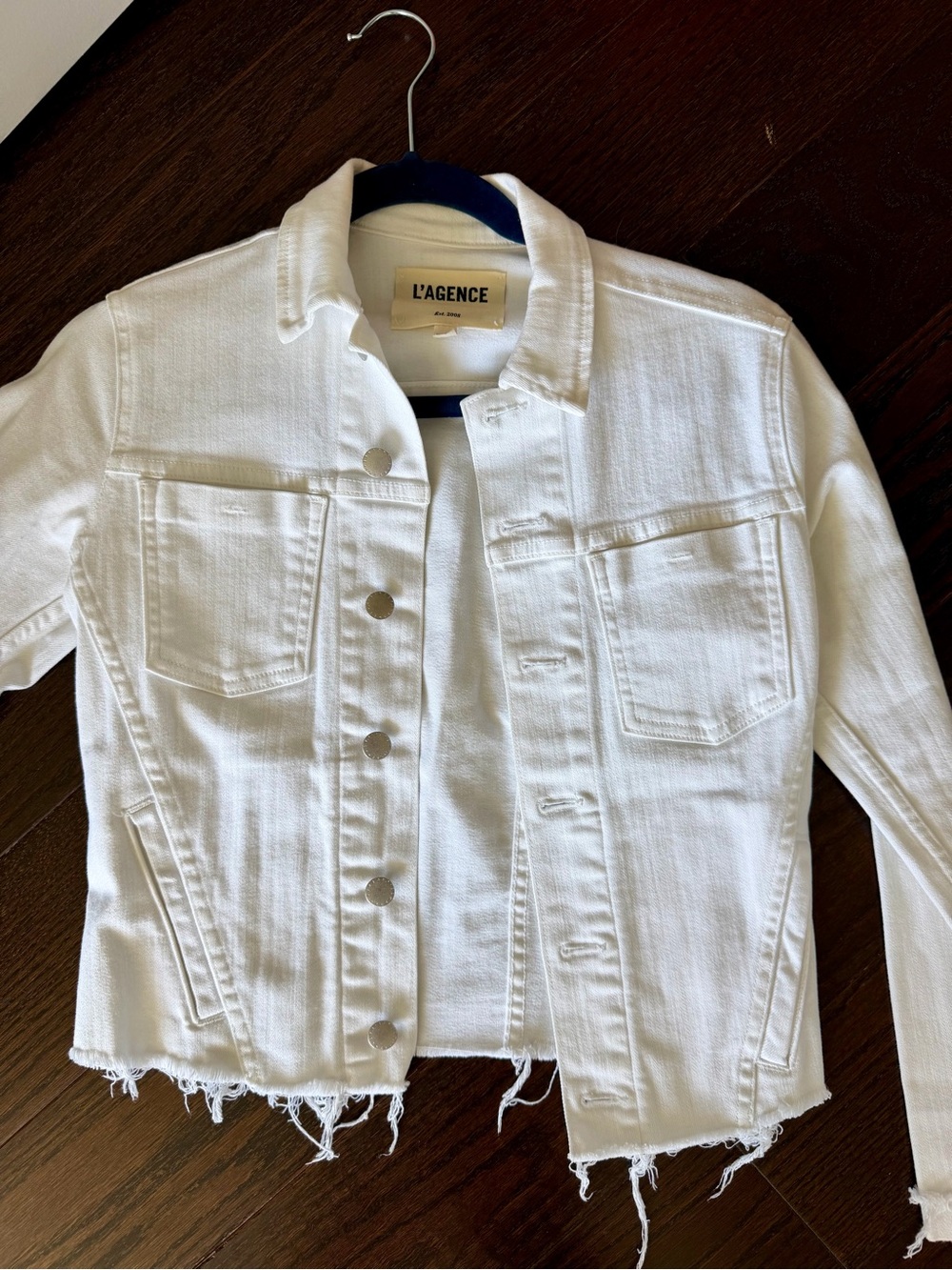 LโAGENCE White Janelle Cropped Jean Jacket with Raw Hem